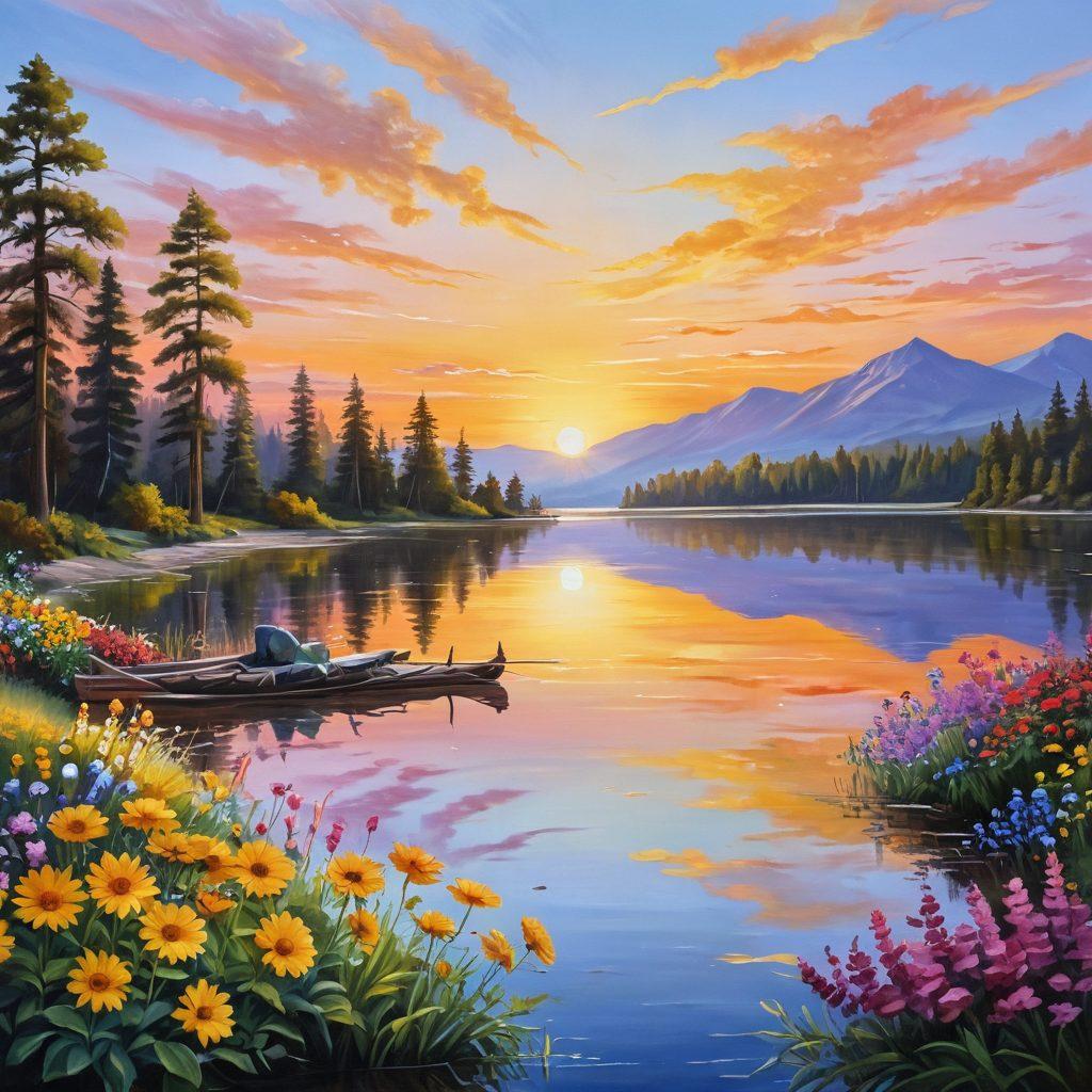 A serene landscape depicting a sunrise over a calm lake, symbolizing new beginnings and hope. In the foreground, a variety of cheerful flowers bloom, representing positivity and growth. A group of diverse people are seen engaging in joyful activities, embodying the spirit of optimism and emotional well-being. Soft, warm colors dominate the scene to evoke a sense of peace and happiness. oil painting. vibrant colors. natural light.