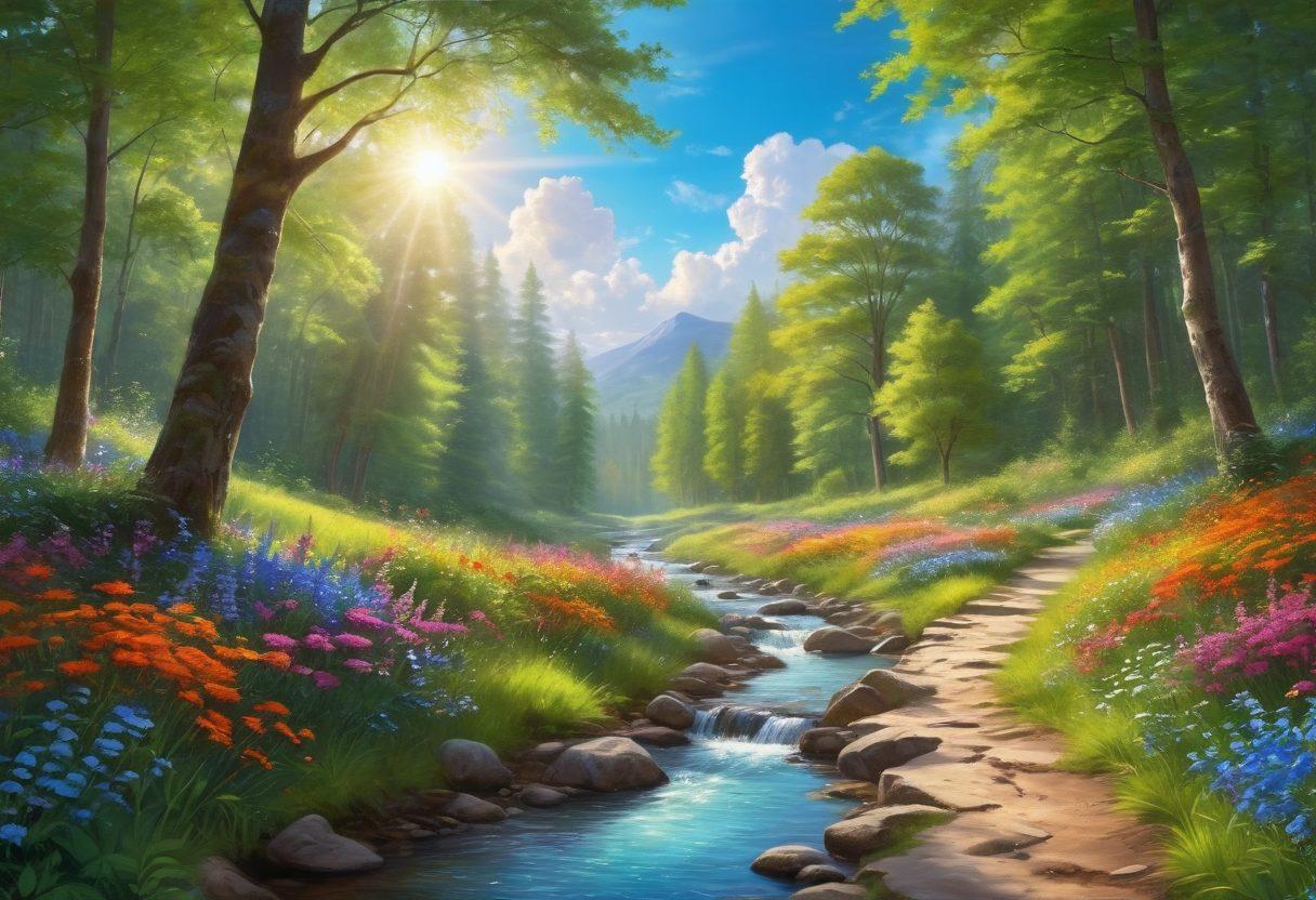A serene landscape featuring a sunlit path through a vibrant green forest, with colorful flowers blooming along the sides. A gentle stream flows nearby, symbolizing peace and tranquility, while a silhouette of a person practicing yoga or meditation can be seen in the distance. The sky is bright blue with fluffy white clouds, radiating a sense of joy and optimism. Use bright and uplifting colors to evoke happiness. super-realistic. vibrant colors. peaceful atmosphere.